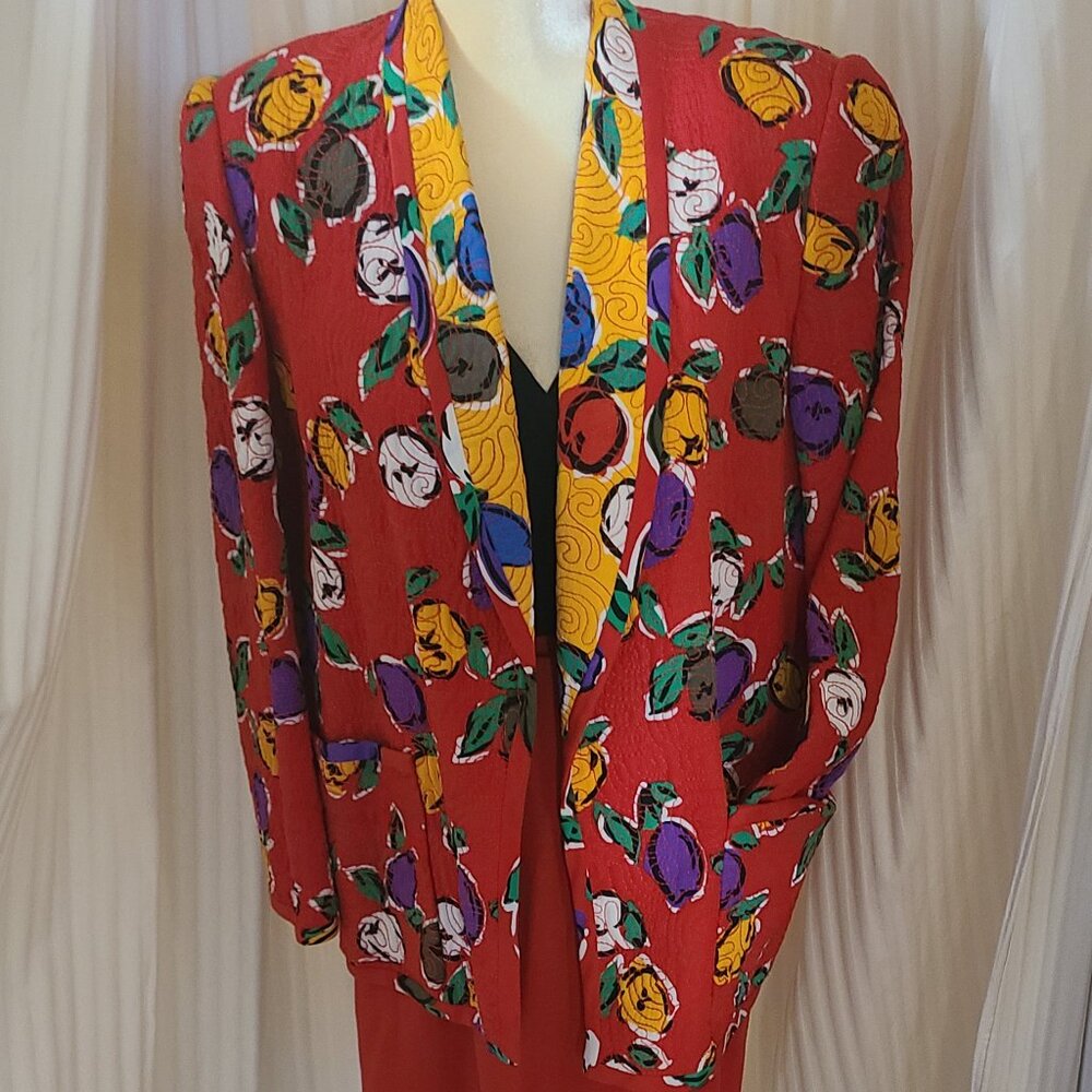 Vintage Oscar de la Renta Floral jacket and red skirt, size 6.